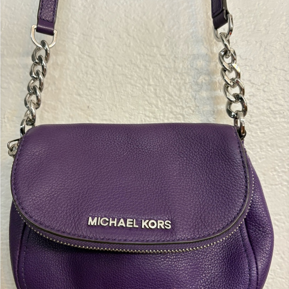 Michael Kors Bedford Pebbled Leather Flap Crossbody Bag – Purple